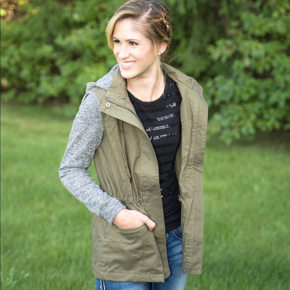 Olive Green and Gray Hoodie Utility Jacket